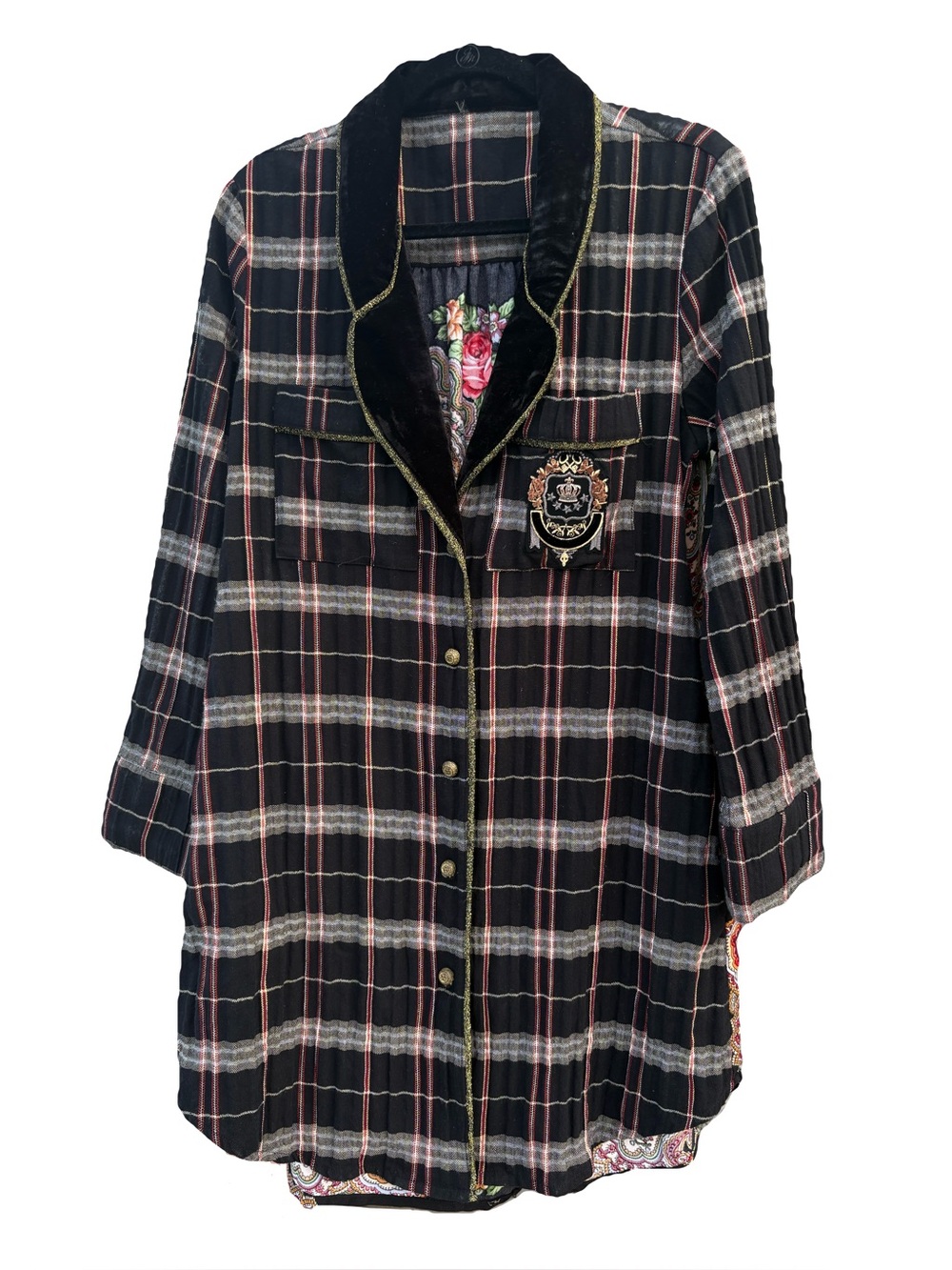 Aratta Silent Journey Plaid Floral Mixed Media Long Jacket Velvet Collar Size M
